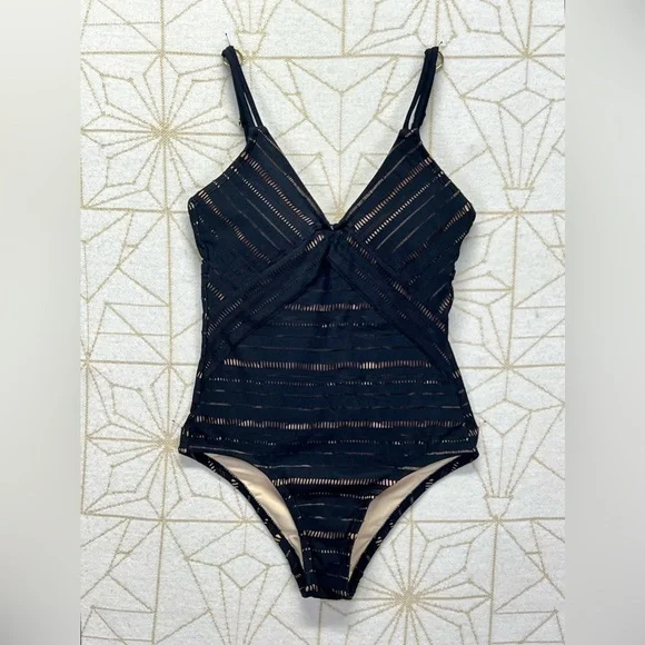 KONA SOL Black striped laser cut one piece swimsuit size M - Picture 3 of 13